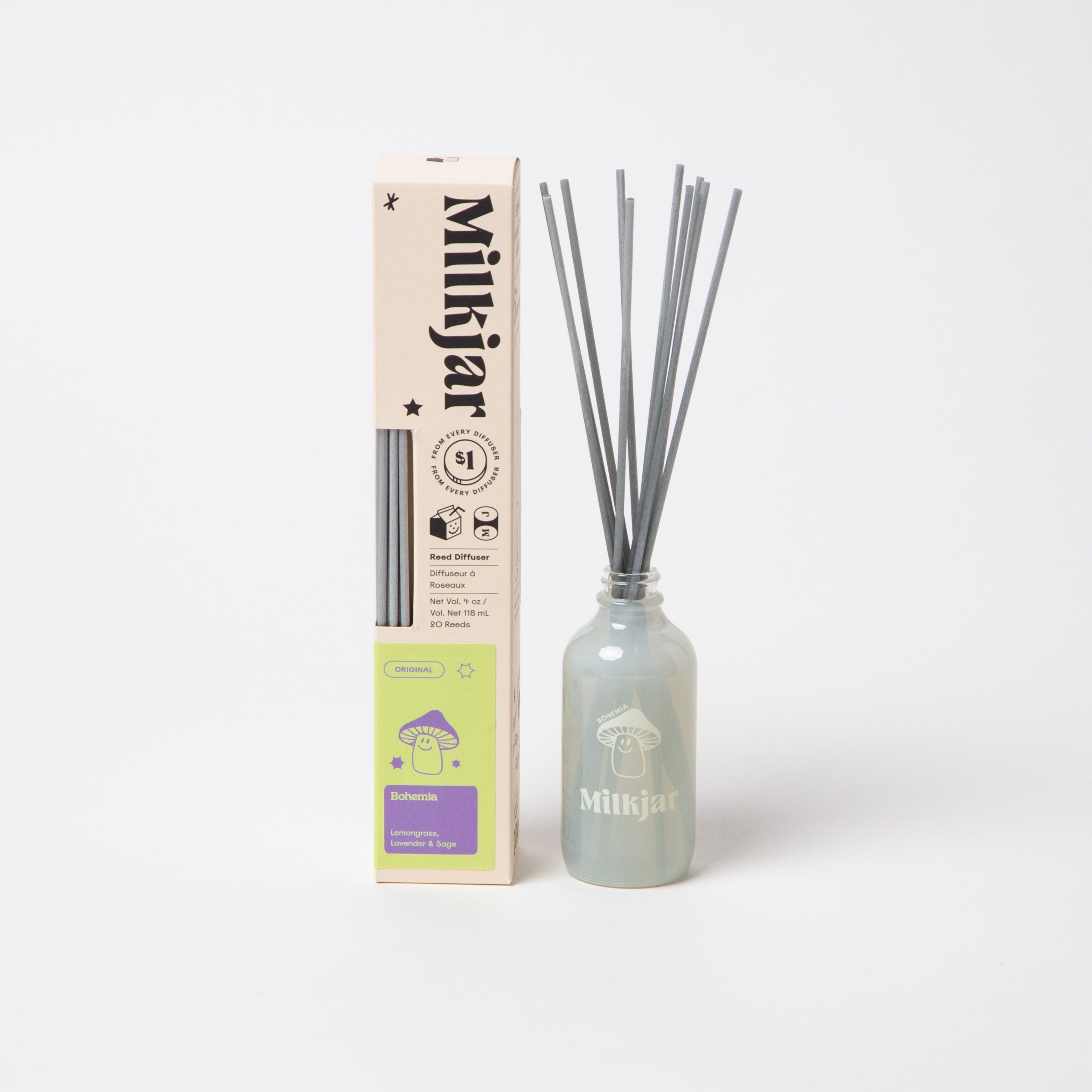 Milk Jar Bohemia Reed Diffuser | Lemongrass, Lavender & Sage 4oz