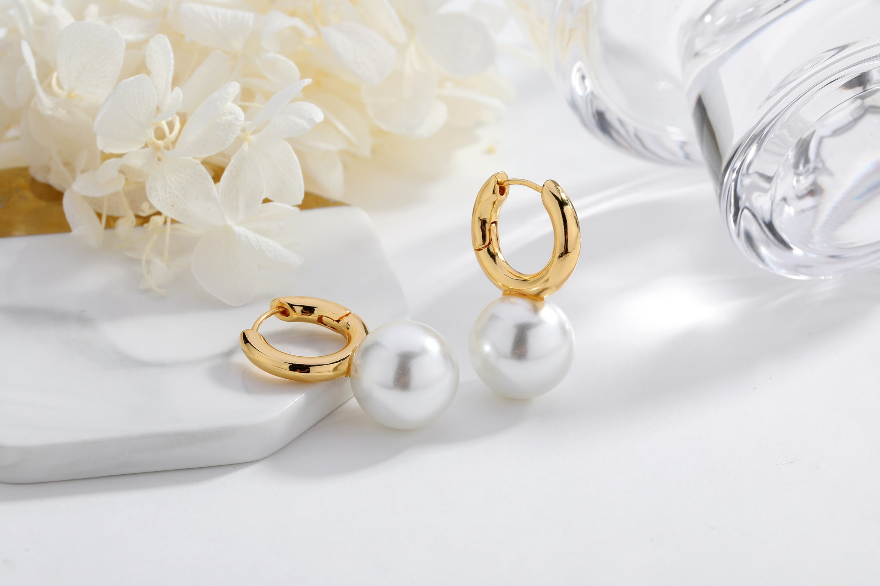 Classicharms-Gold Pearl Drop Hoop Earrings