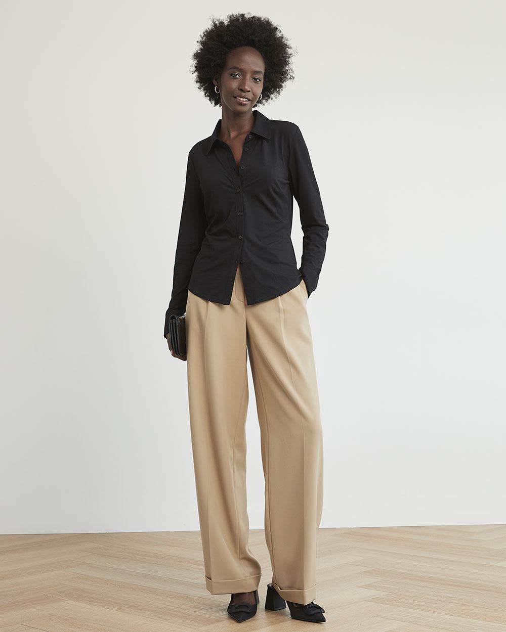 Black Long-Sleeve Buttoned-Down Piqué Top with Shirt Collar