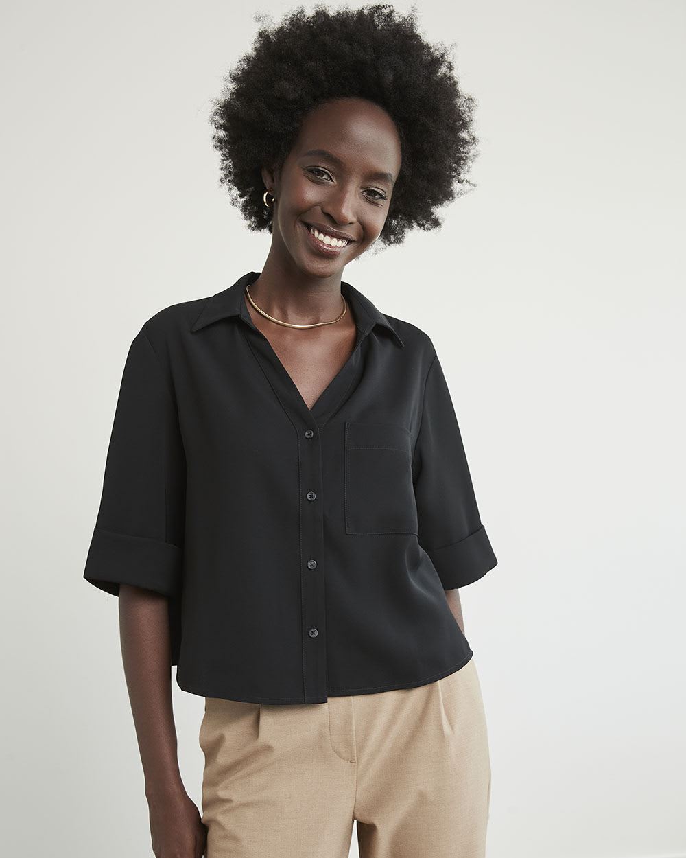 Soft Crepe Buttondown Blouse with Roll-Up Sleeves and Pocket