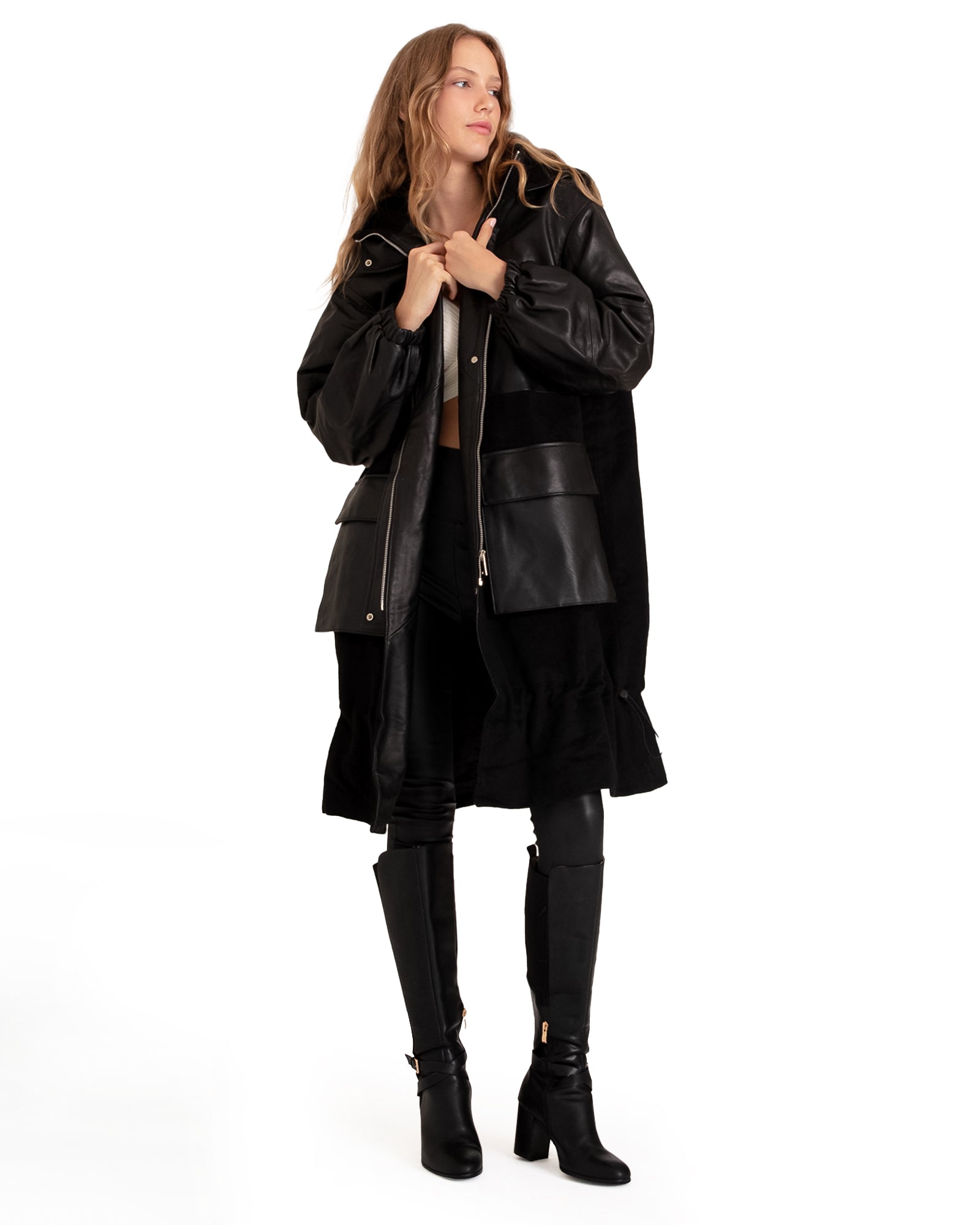 Belle & Bloom Back to Black Oversized Leather Panelled Coat