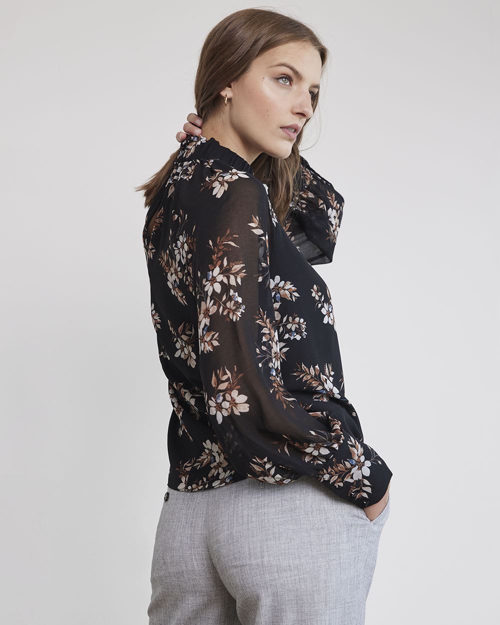 Mock-Neck Popover Blouse with Long Balloon Sleeves