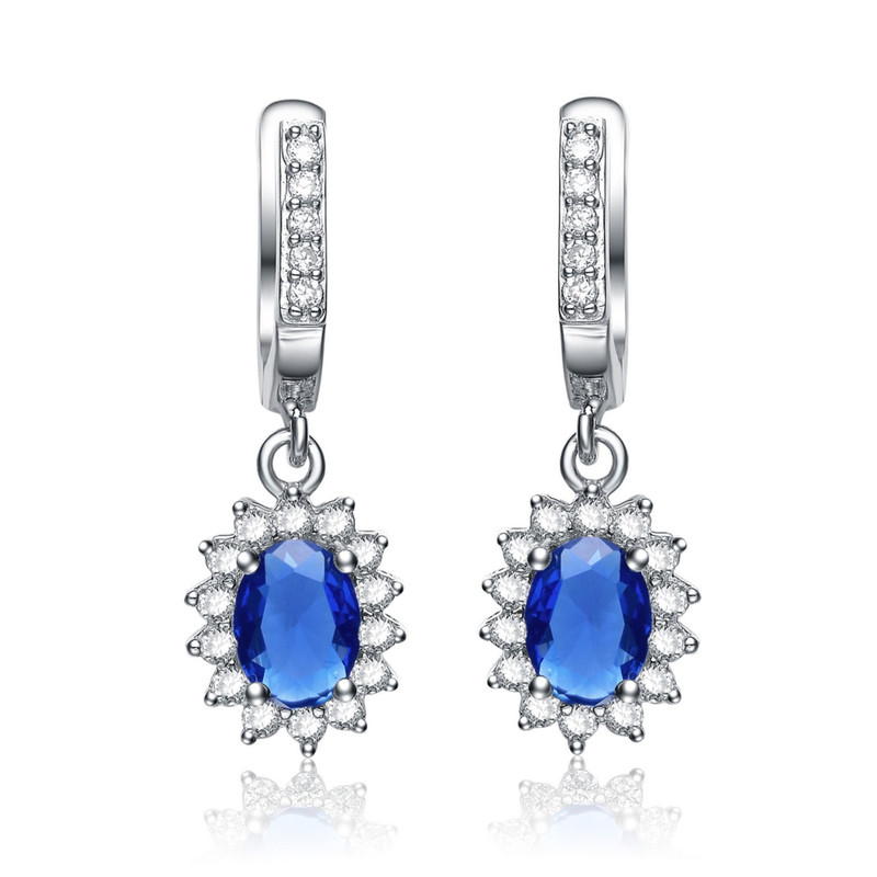 Sterling Silver White Gold Plated with Colored Cubic Zirconia Flower Shaped Dangling Earrings