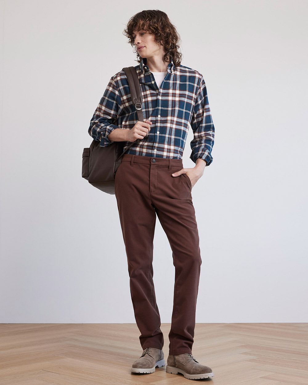 Regular-Fit Teal and Brown Plaid Flannel Shirt