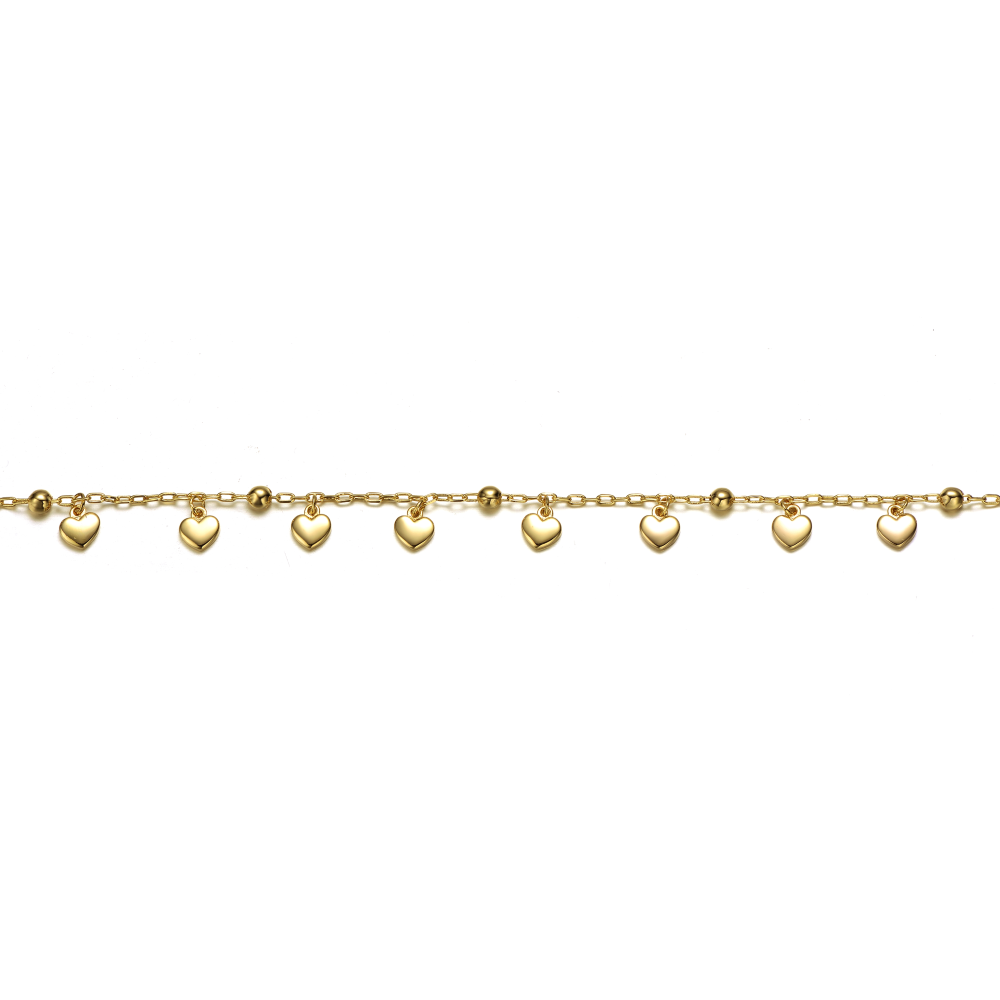 RG Young Adults/Teens 14k Yellow Gold Plated Beaded Heart Charm Station Bracelet - Adjustable w/ Extension Chain