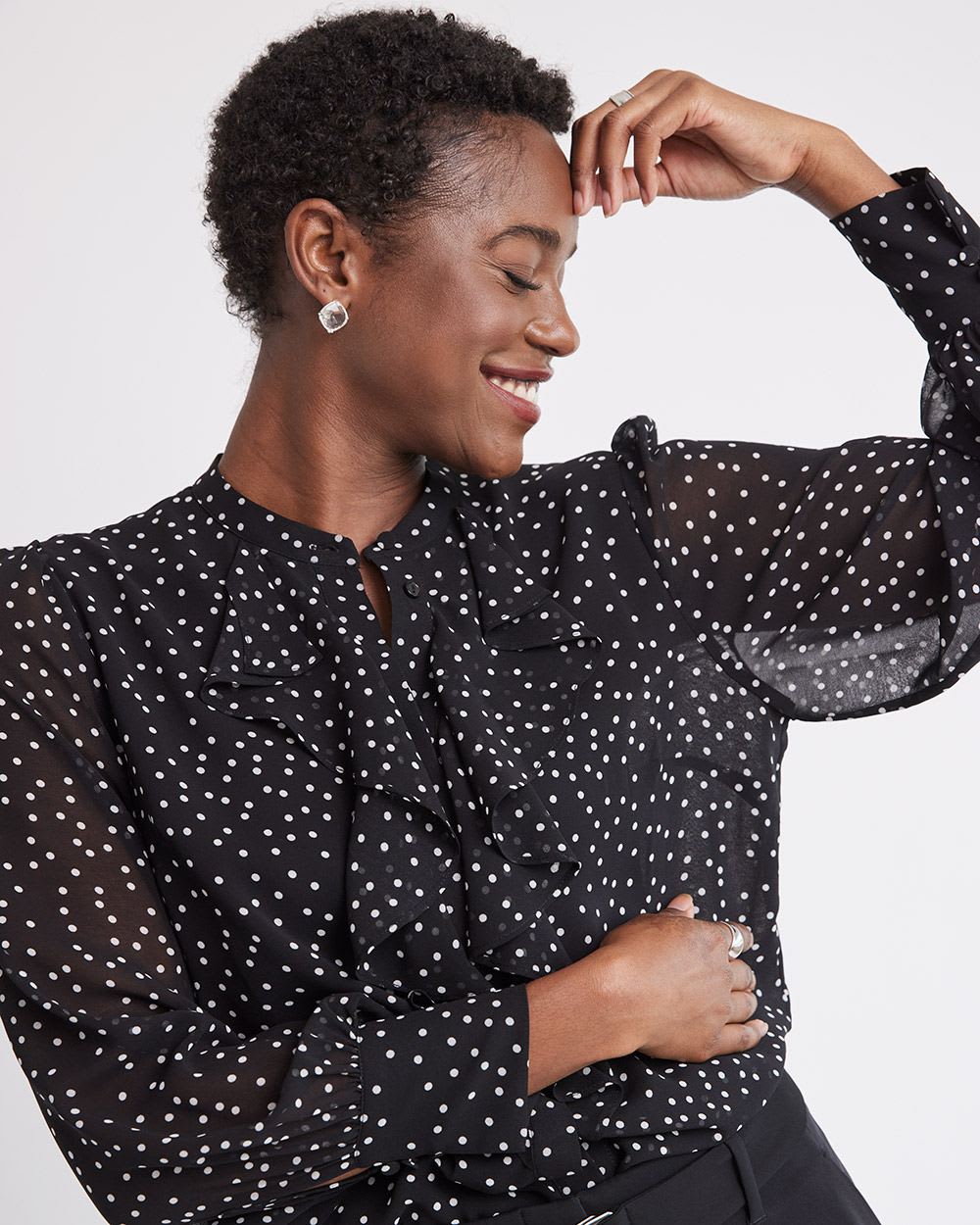 Long-Sleeve Buttoned-Down Jabot Blouse