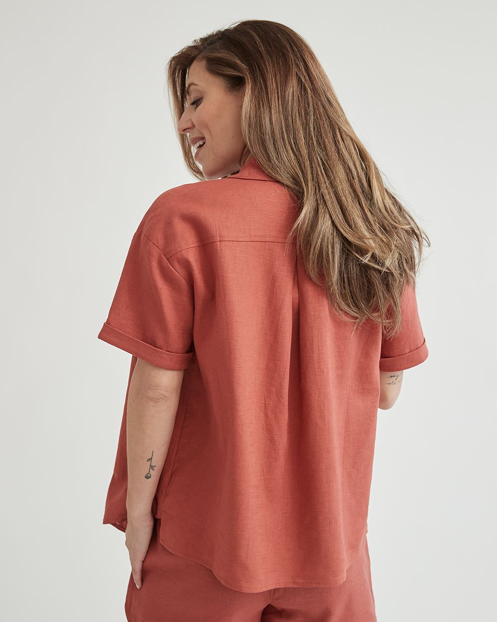 Linen Blend Short Sleeve Buttondown Blouse - Thyme Maternity