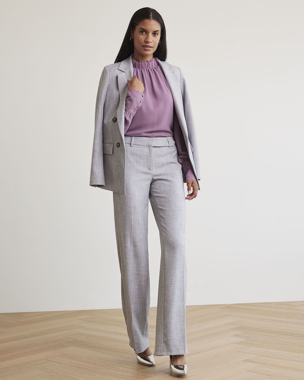 Mock-Neck Popover Blouse with Long Balloon Sleeves