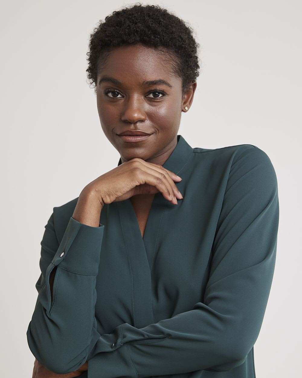 Long-Sleeve V-Neck Crepe Popover Blouse