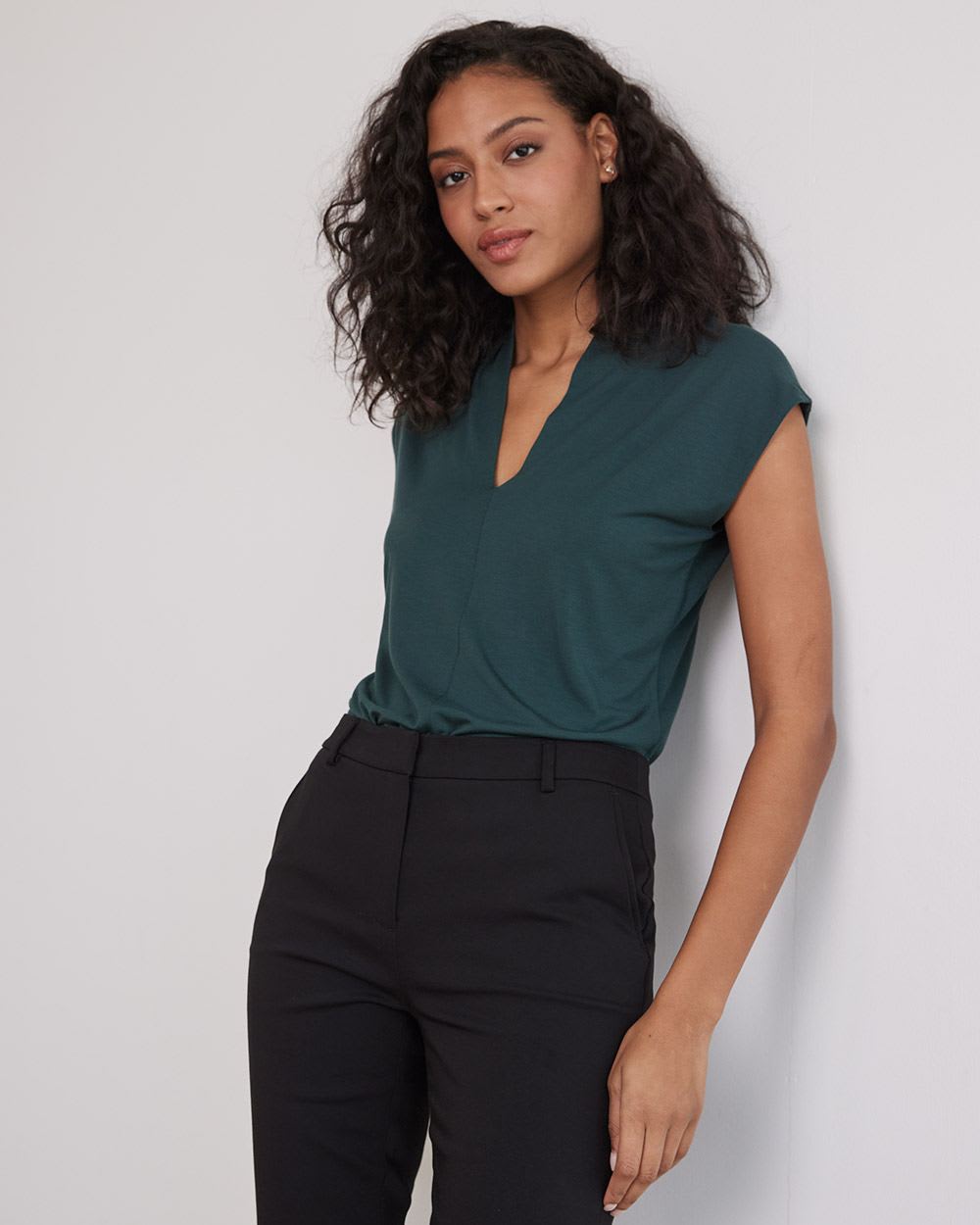 Extended-Sleeve V-Neck Fitted Tee