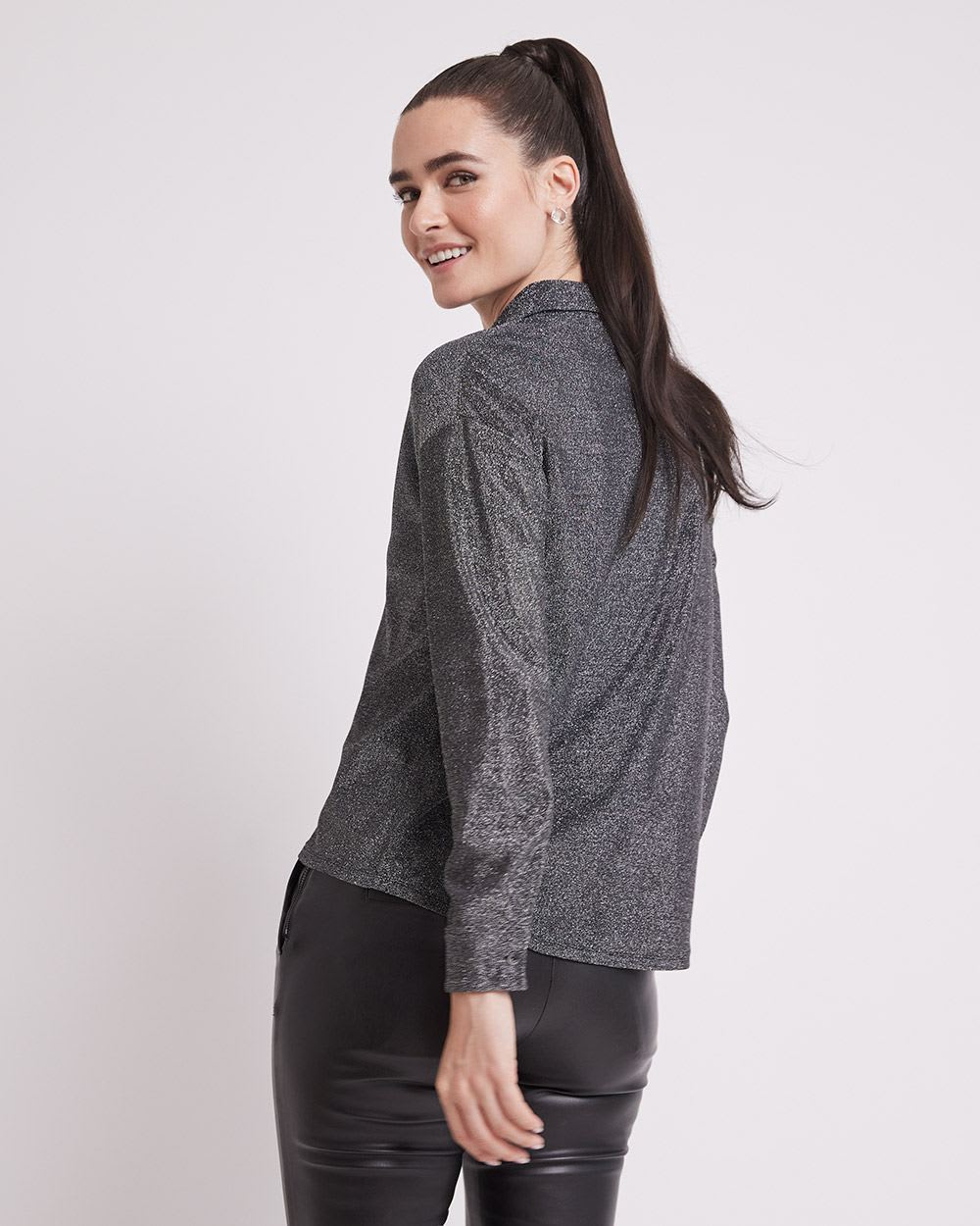 Long-Sleeve Buttoned-Down Knit Shirt with Metallic Fibres