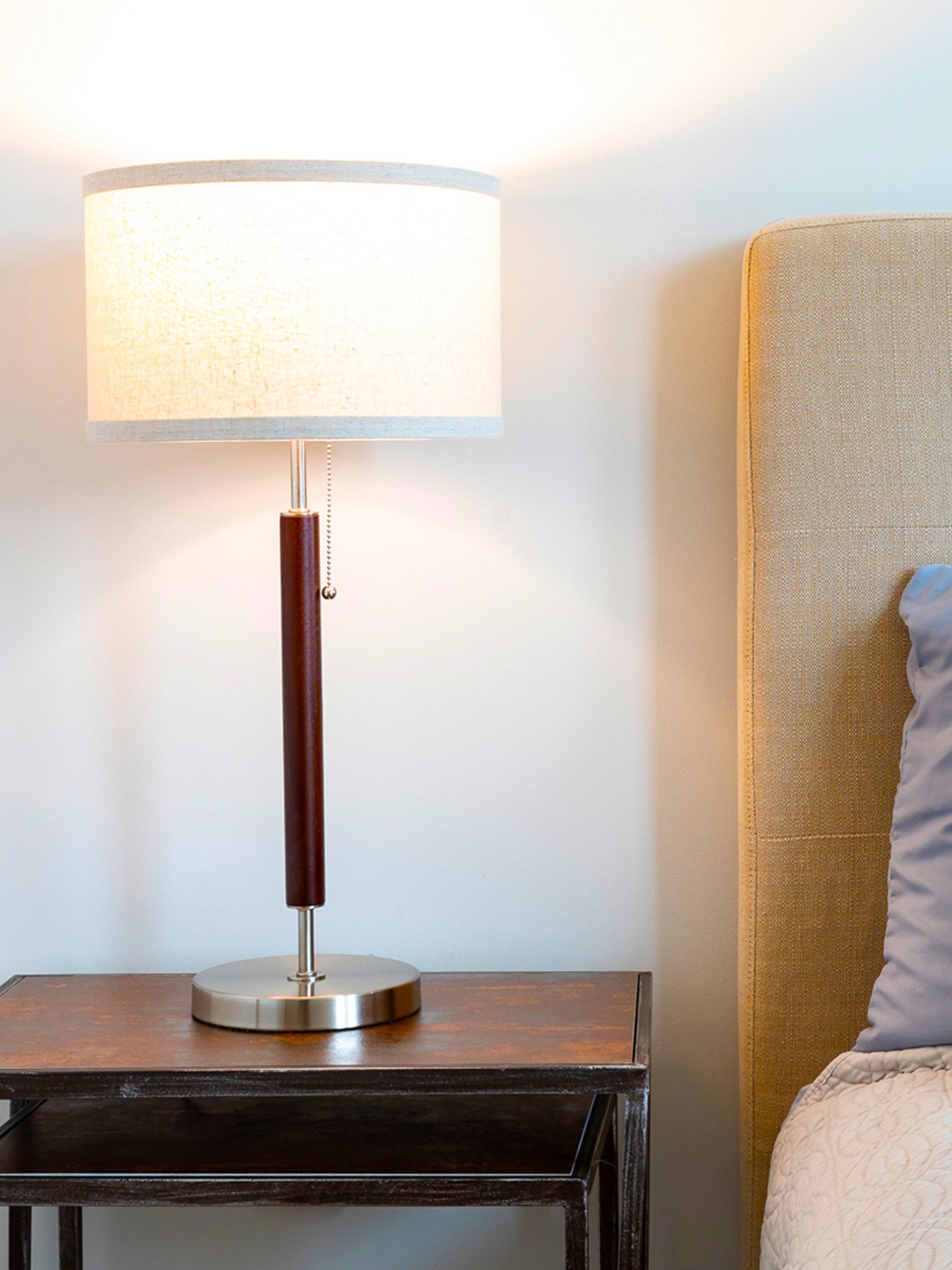 Carter Led Table Lamp With Drum Shade And Walnut Wood Finish