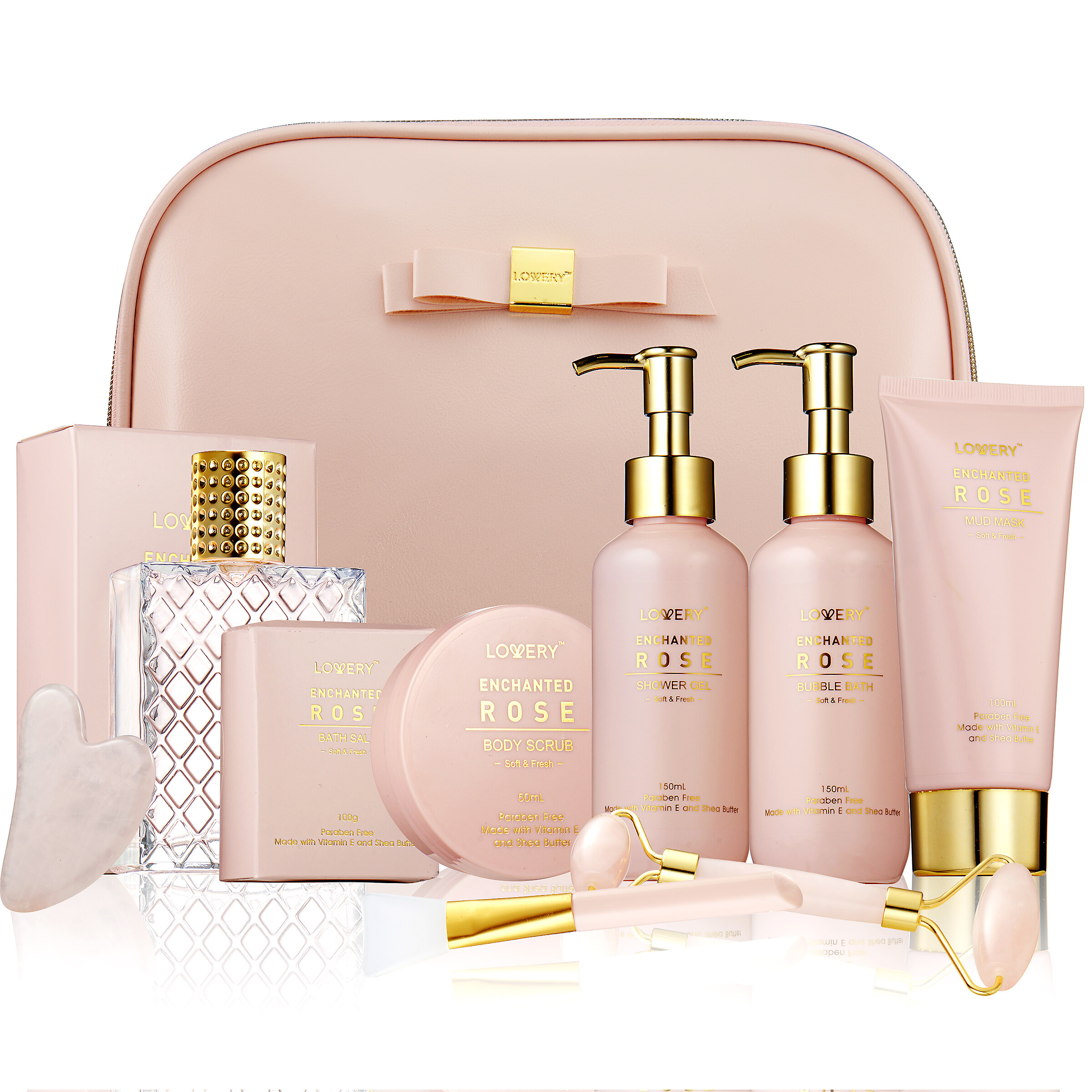 Lovery Luxury Enchanted Rose Bath & Body Beauty Kit With Leather Bag, Jade Roller & More