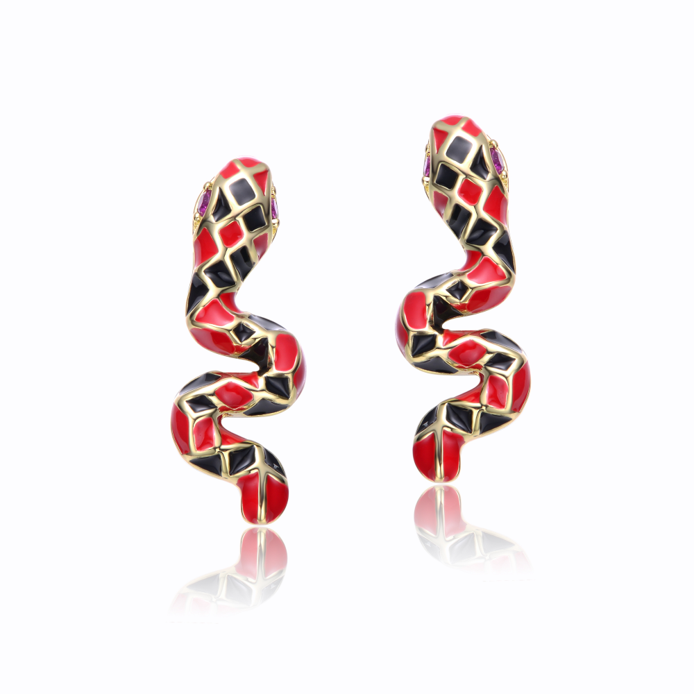 RG 14k Yellow Gold Plated with Ruby Cubic Zirconia Black & Red Enamel 3D Slithering Curling Snake Earrings