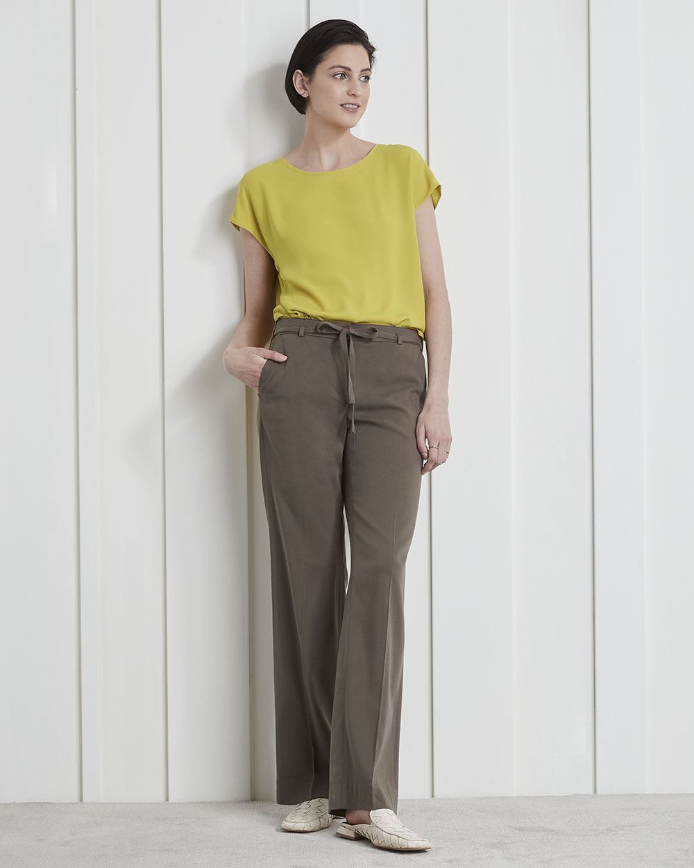 Oversized Silky Crepe Crew-Neck Short Sleeve Blouse