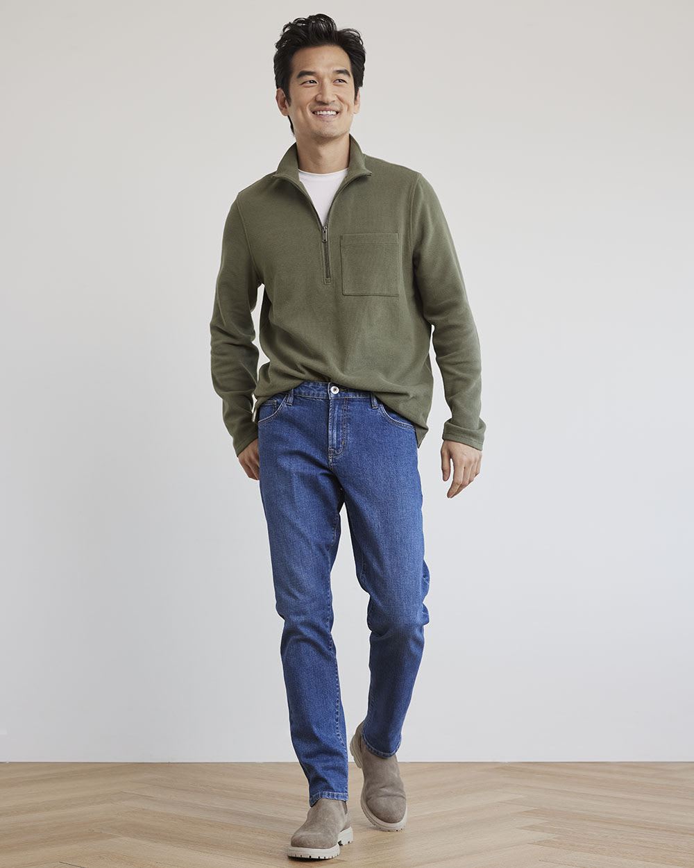 Mock-Neck Waffled-Knit Pullover with Half-Zip