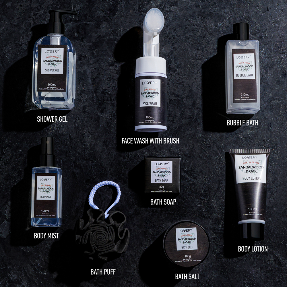 Lovery Luxury Spa Kit For Men - Sandalwood & Oak Scented Bath Gift Set & Shower Basket