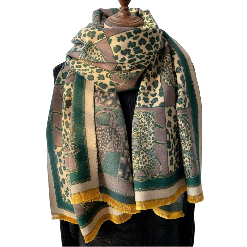 Luxurious leopard and geometric scarf in green- Don't AsK