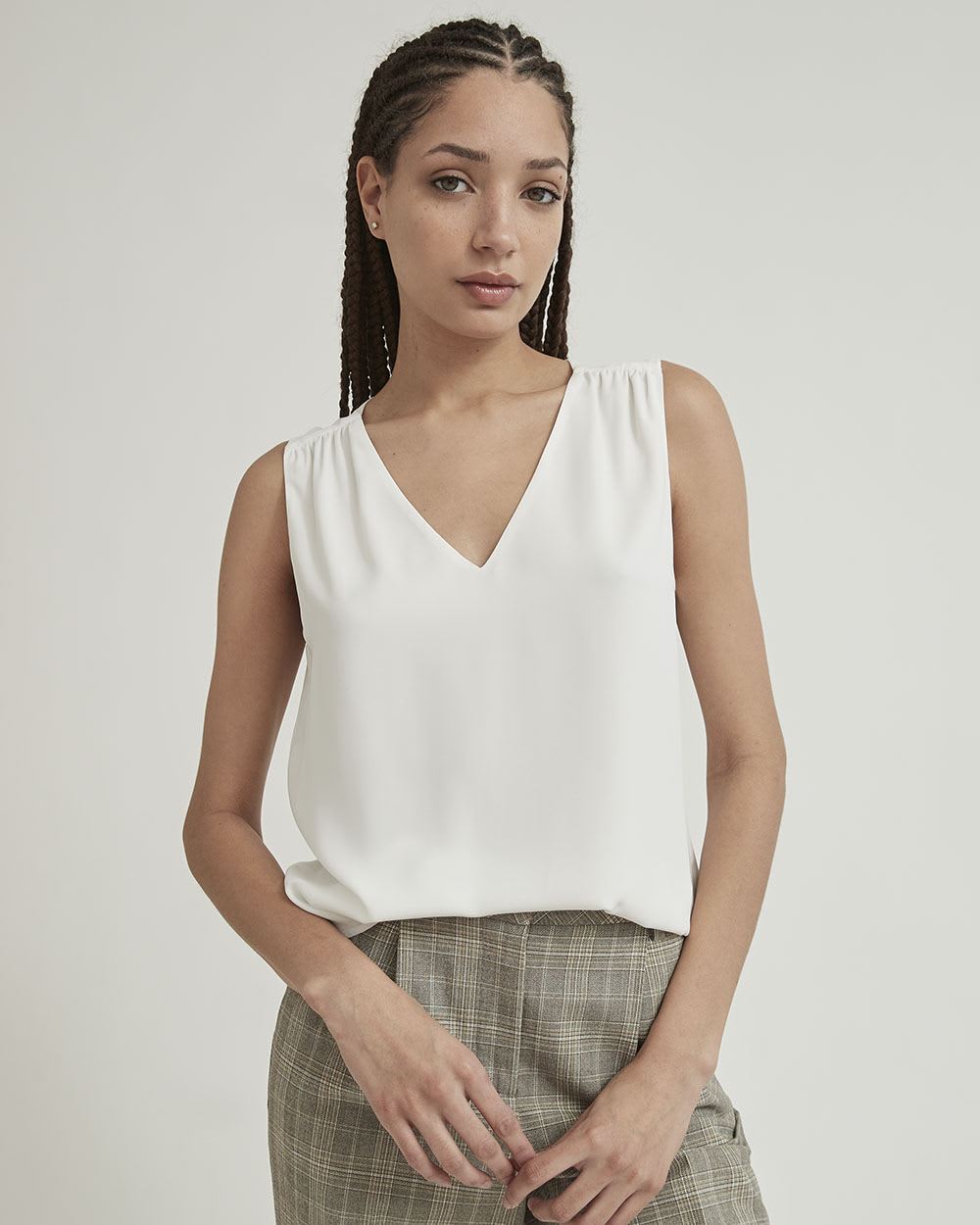 Silky Crepe Shirred V-Neck Cami
