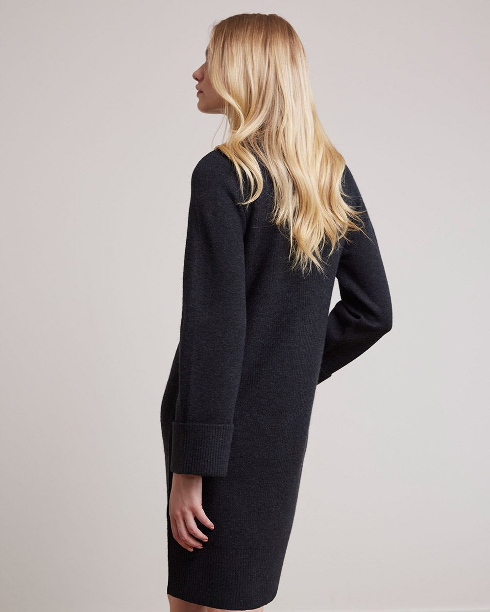 Long-Sleeve Mock-Neck Straight Dress with Ribbed Cuffs