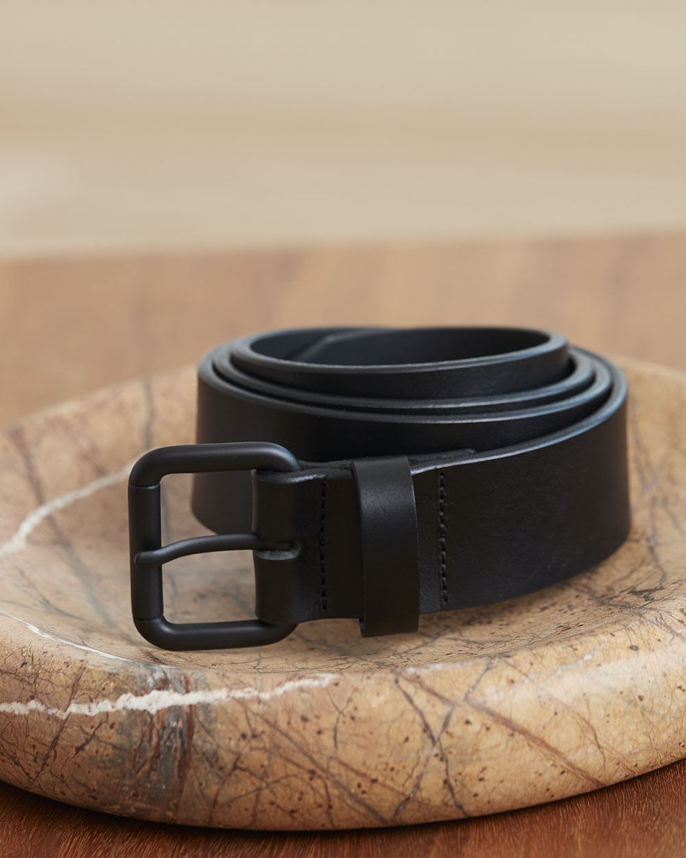 Black Leather Belt with Square Buckle