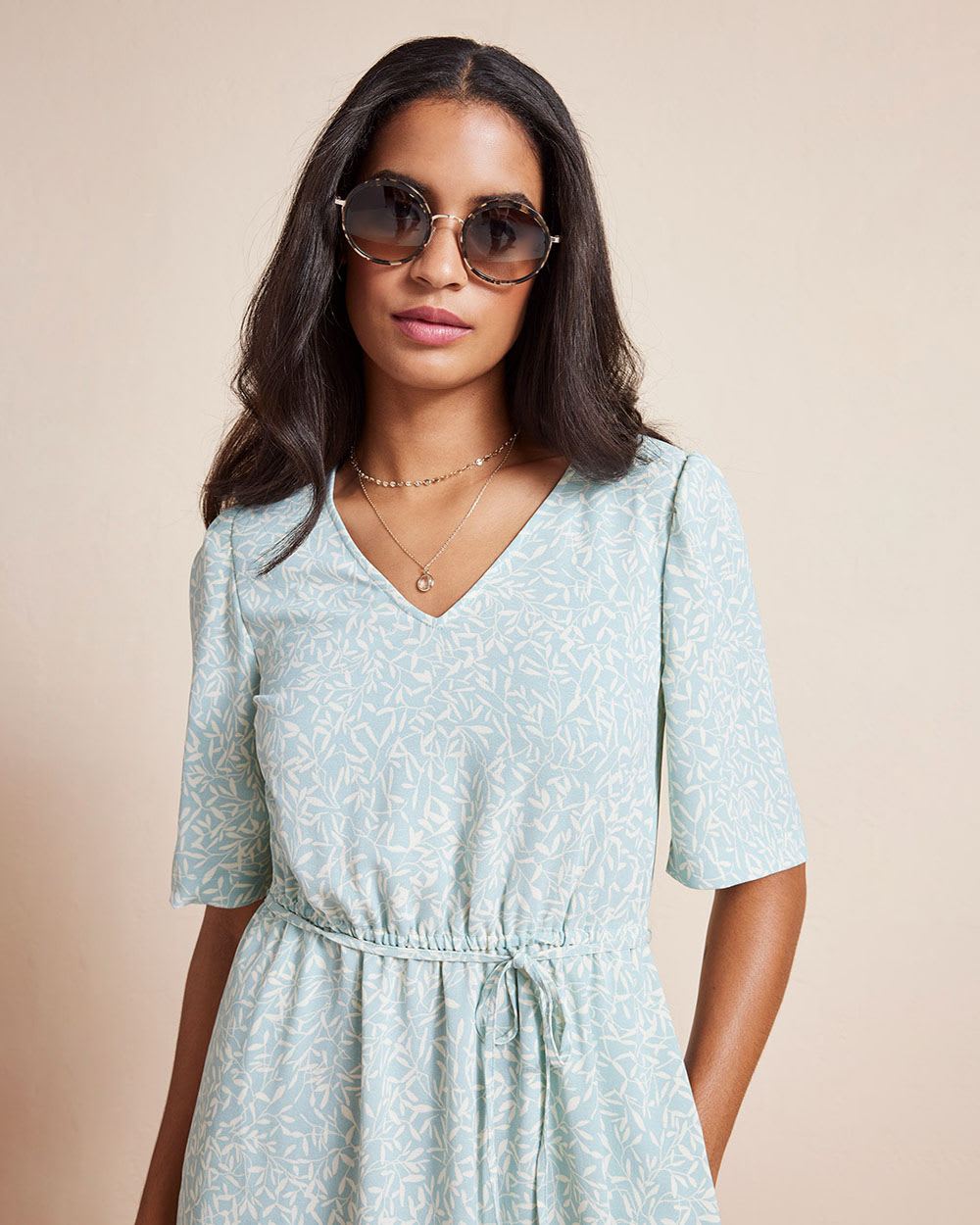 3/4-Sleeve Fluid Fit and Flare Midi Dress with V Neckline