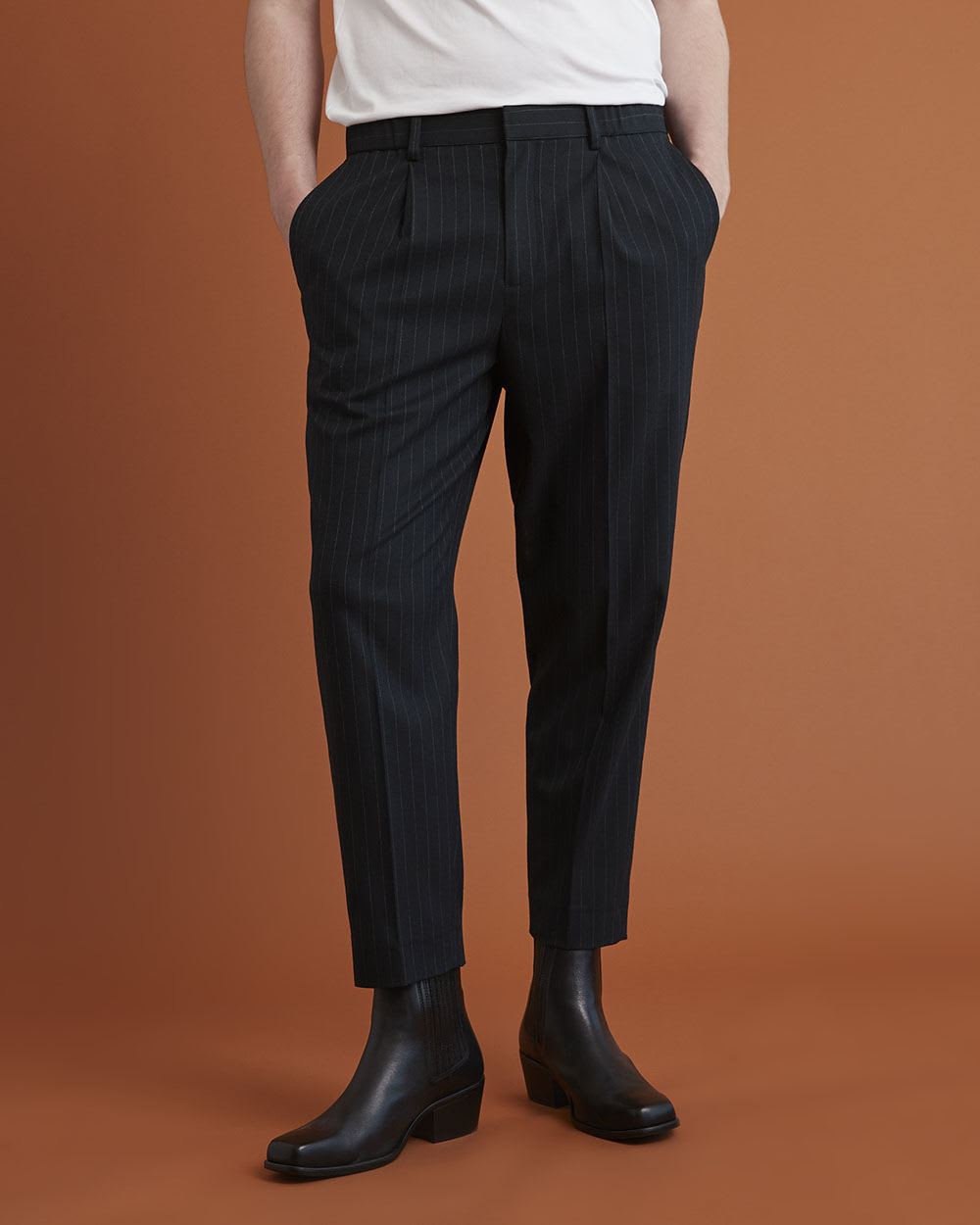 Gender-Neutral Navy Pinstriped Tapered-Leg Pant