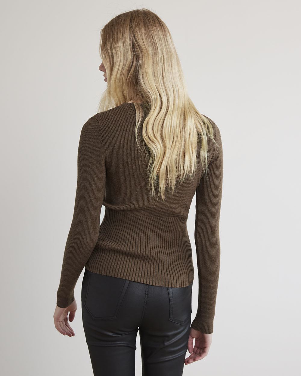 Long-Sleeve Ribbed Bodycon Sweater with V Neckline