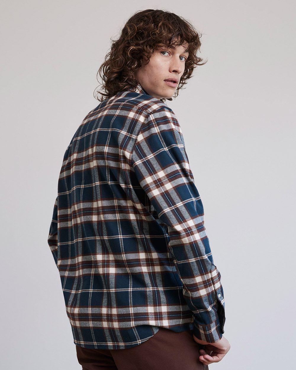 Regular-Fit Teal and Brown Plaid Flannel Shirt