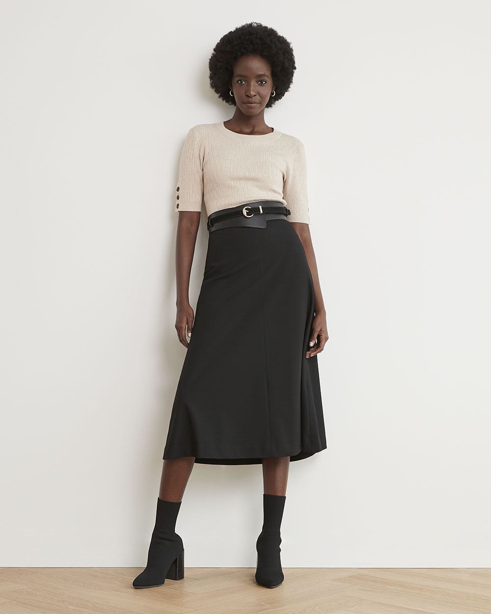 Black High-Waisted A-Line Midi Skirt