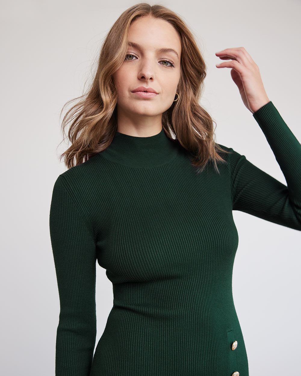 Long-Sleeve Mock-Neck Fitted Midi Dress