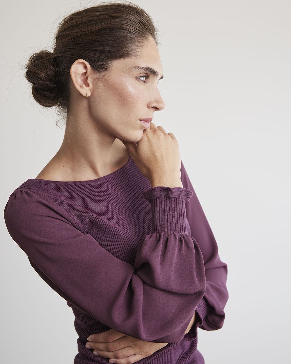 Mix-Media Bodycon Sweater with Long Puffy Sleeves