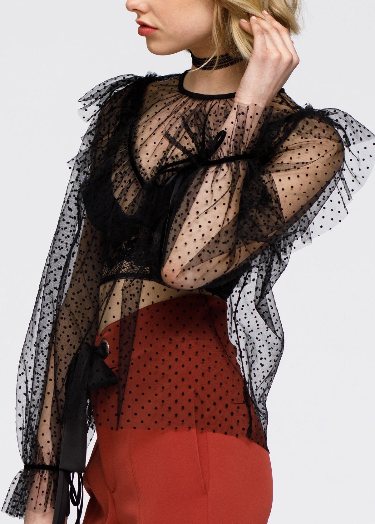 Nurode Polka Dot Mesh Ruffle Top
