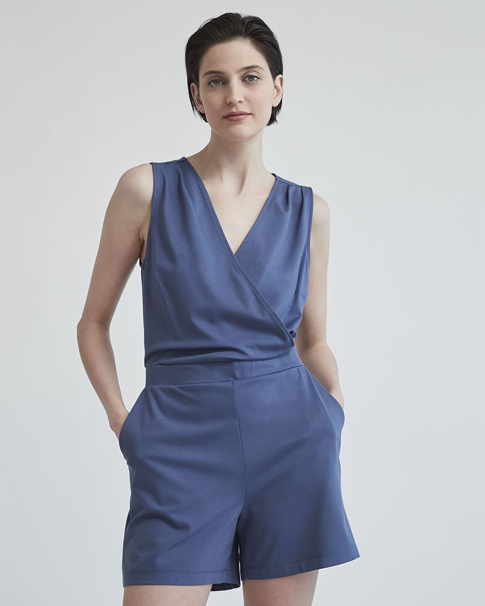Sleeveless Romper with Wrap V Neckline
