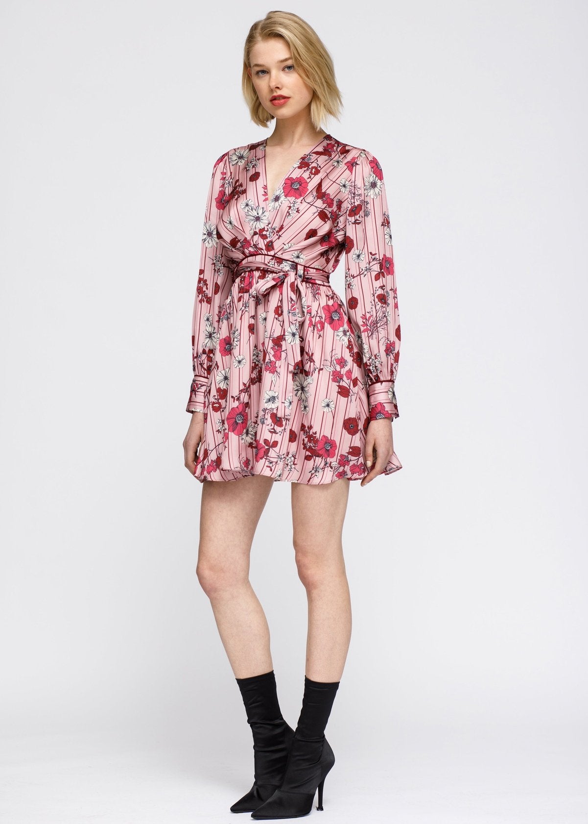 Nurode Pajama floral Satin Wrap Front Flared Dress