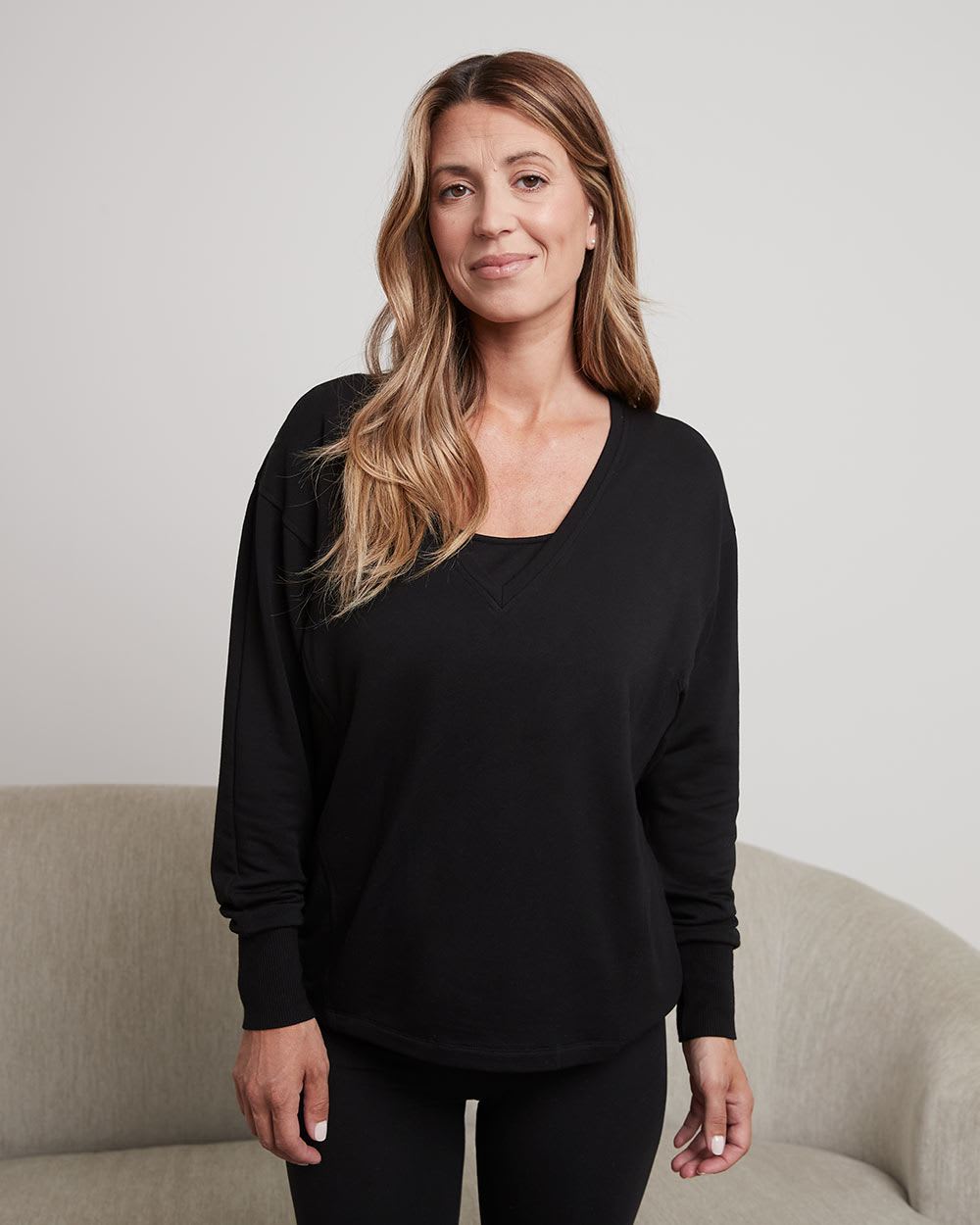 Long-Dolman-Sleeve Fleece Top with V Neckline - Thyme Maternity