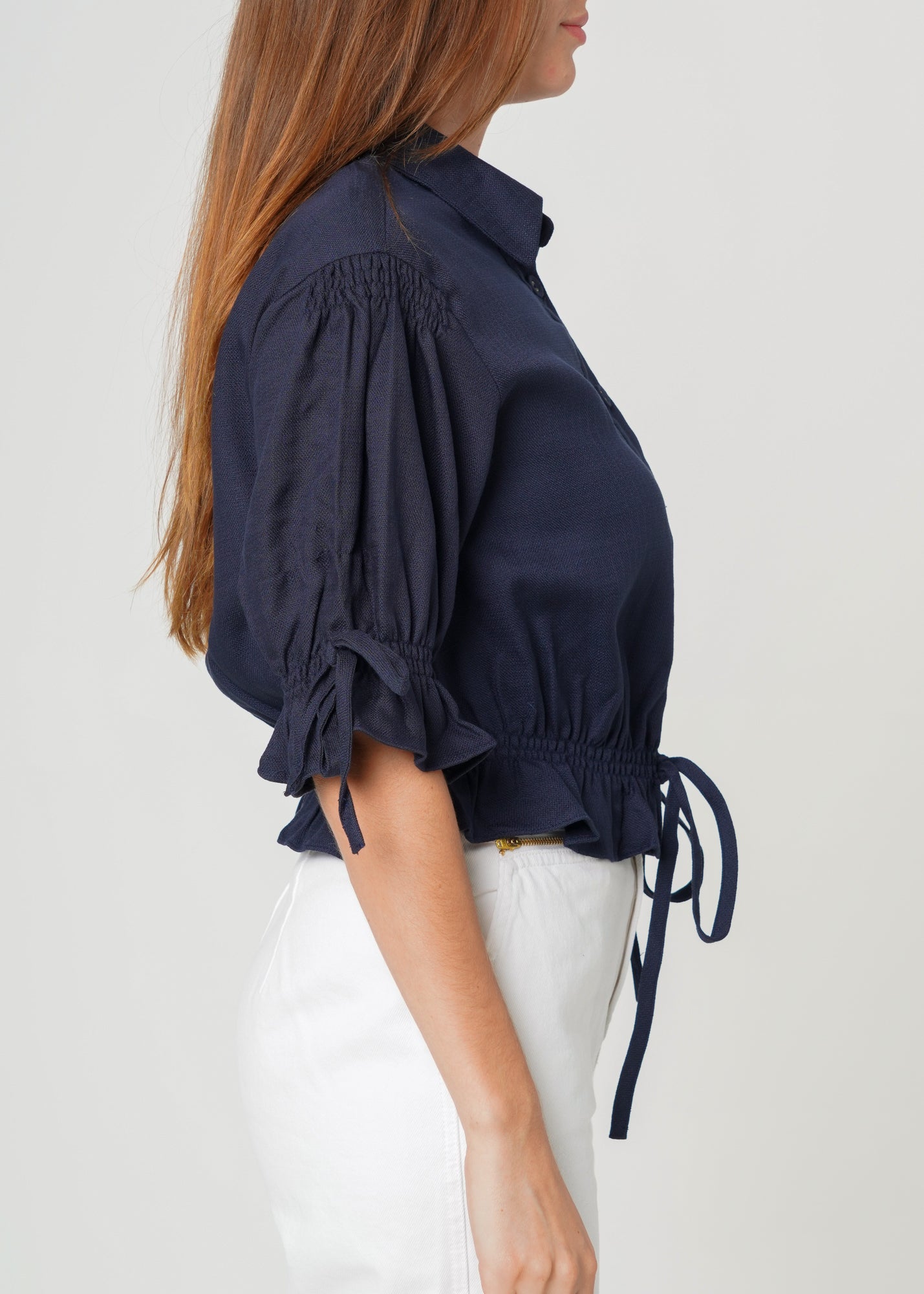 Nurode Button Front Tie Hem Blouse