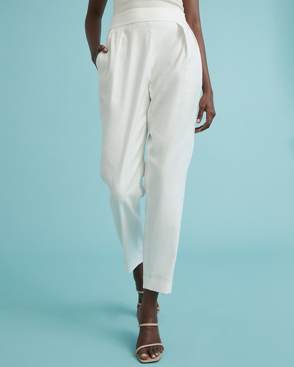 High-Rise Tapered-Leg White Linen Pant