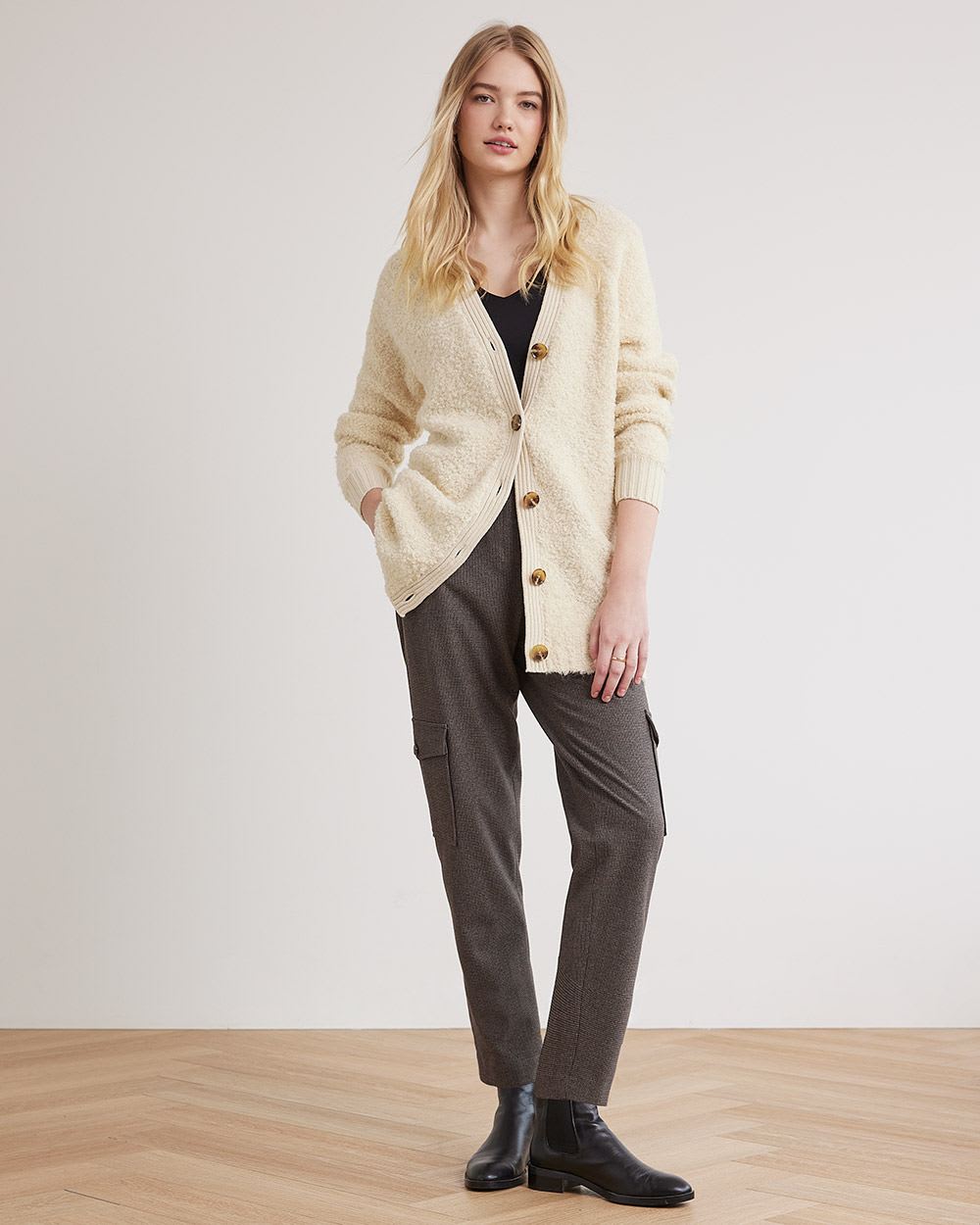 Long-Sleeve Buttoned-Down Bouclé Cardigan