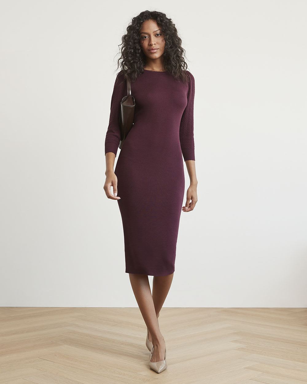 Fitted Elbow-Sleeve Midi Dress with Back Cut Out