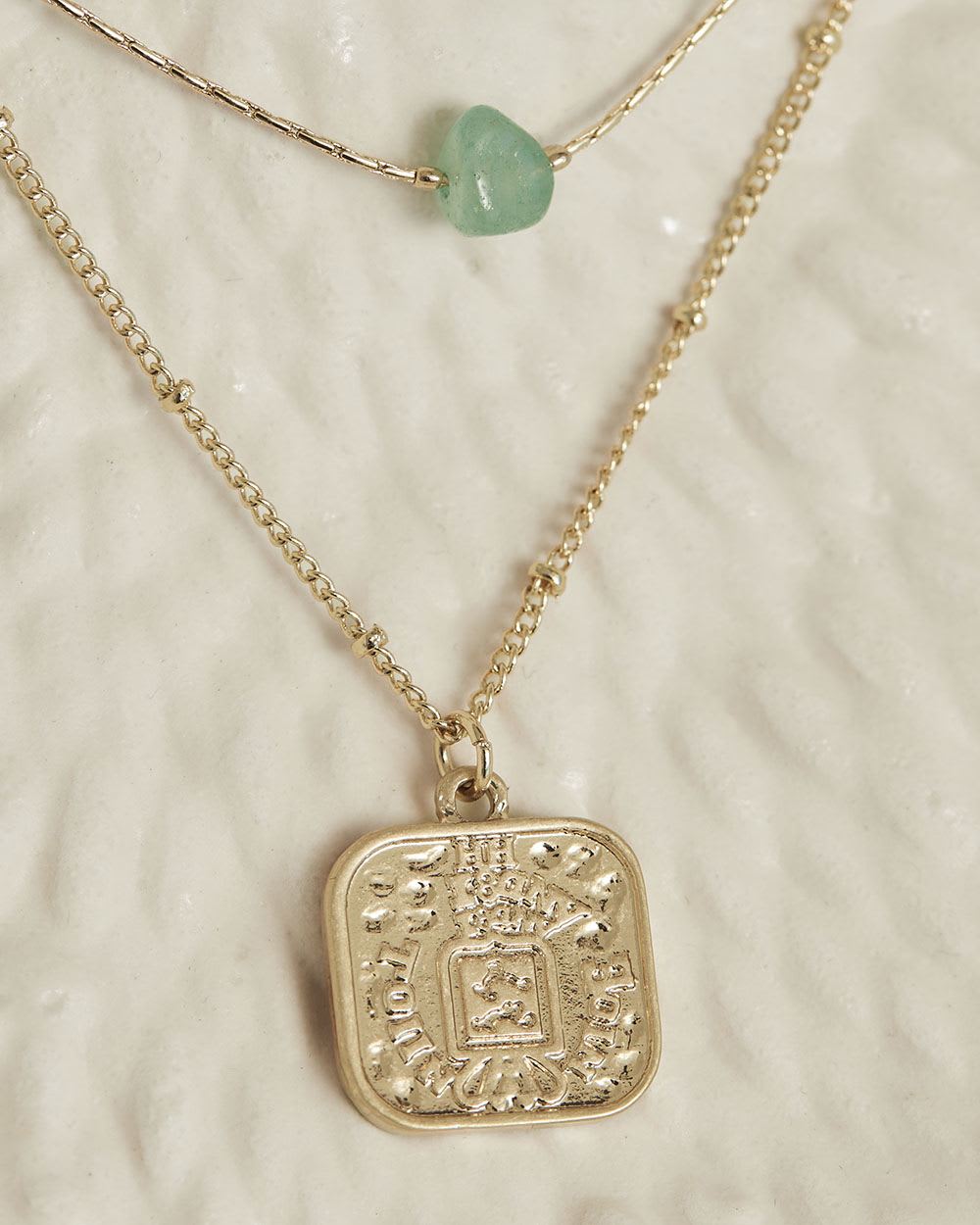 Two-Row Necklace with Green Stones and Square Pendant
