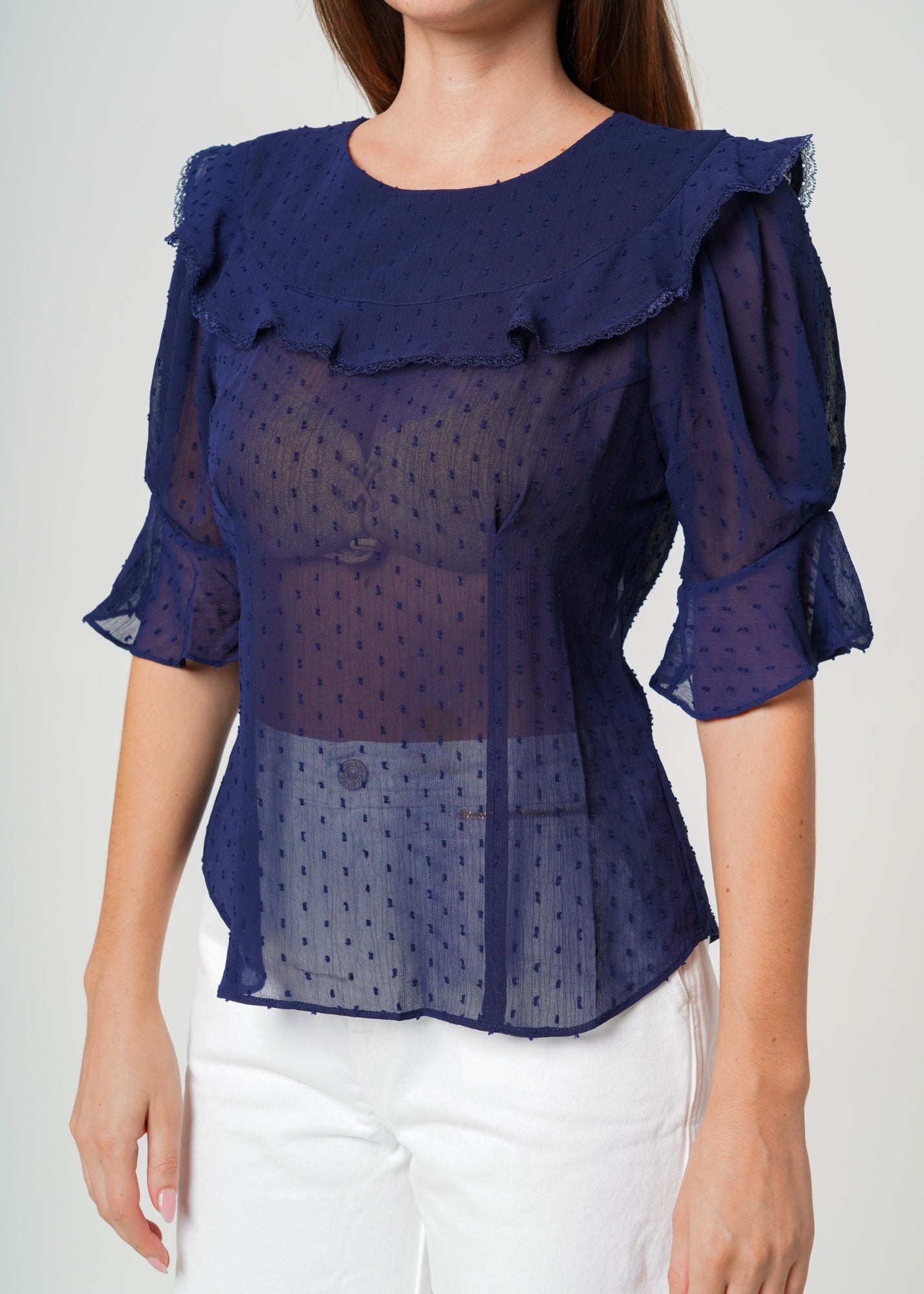 Nurode Swiss Dot Ruffle Sleeve Top