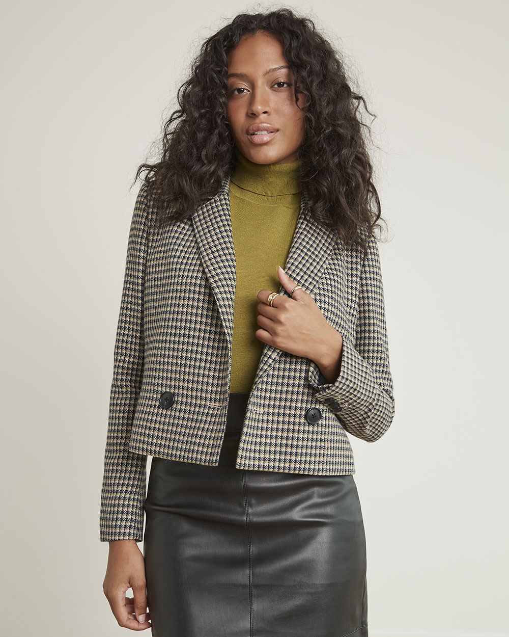 Loose Double-Breasted Plaid Crop Blazer