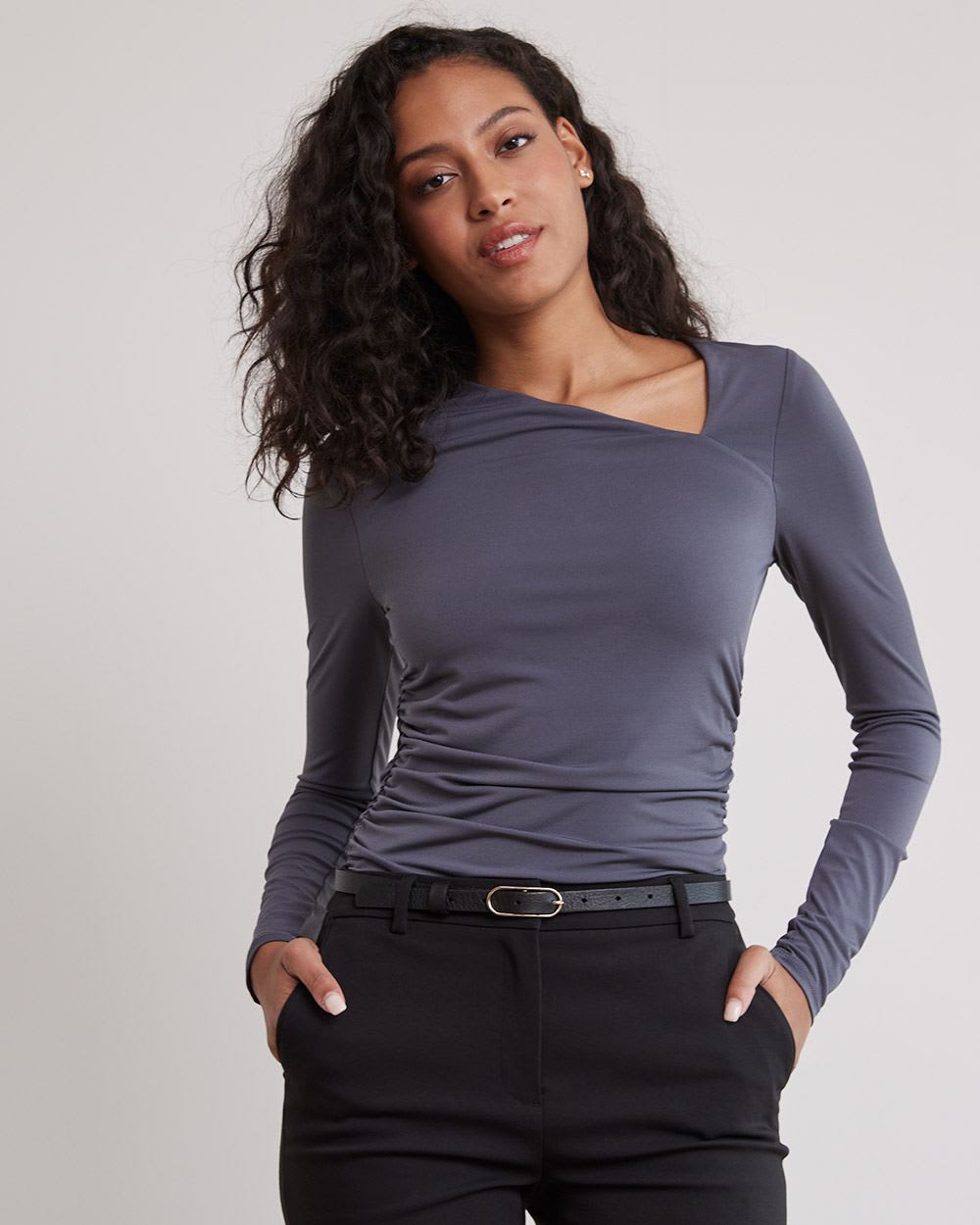 Draped Long-Sleeve Top with Asymmetrical Neckline