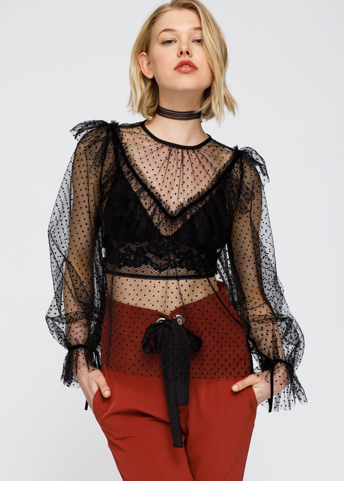 Nurode Polka Dot Mesh Ruffle Top