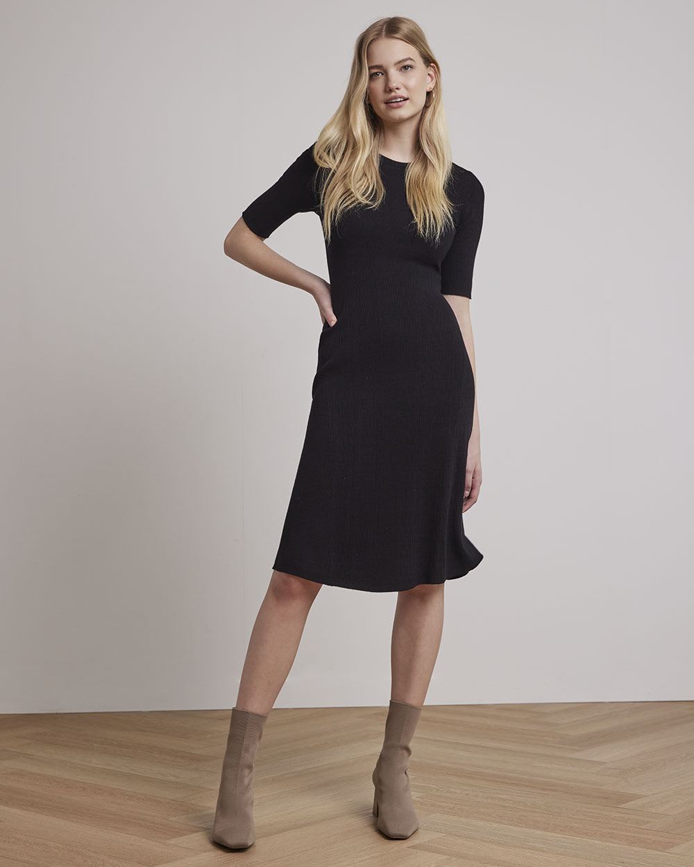 Fit and Flare Elbow-Sleeve Midi Dress