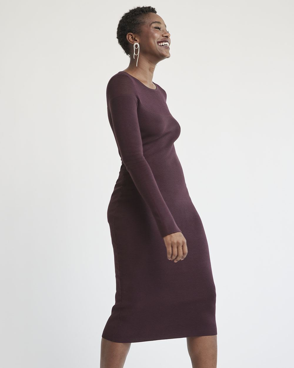 Long-Sleeve Crew-Neck Midi Dress with Sheer Yoke