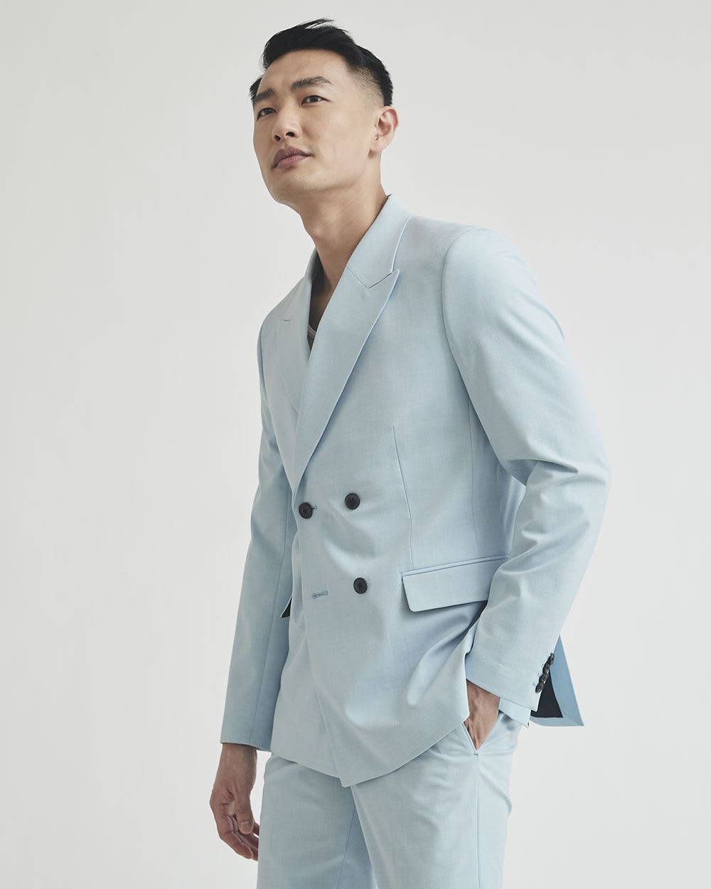 Slim Fit Double-Breasted Light Blue Suit Blazer
