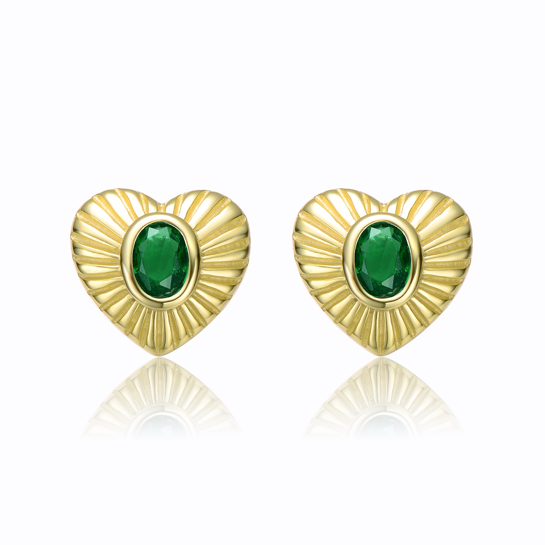 GV Sterling Silver 14k Yellow Gold Plated with Emerald Cubic Zirconia Sunray Heart Stud Earrings