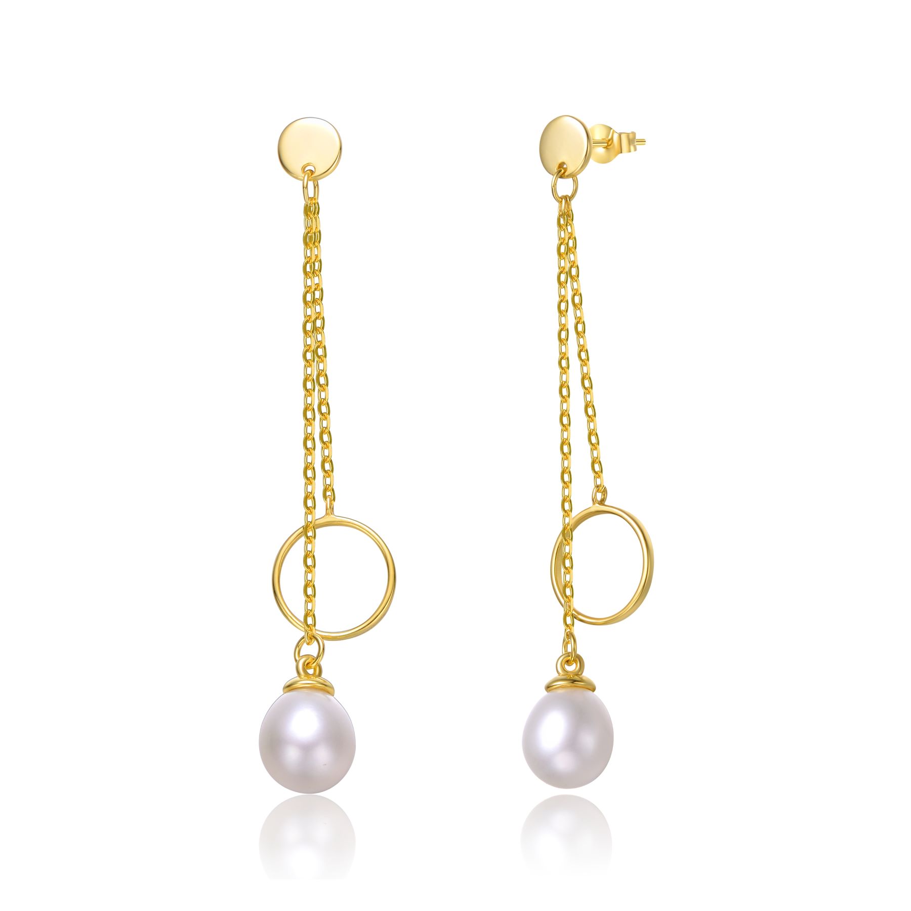Sterling Silver 14k Yellow Gold Plated with White Pearl & Eternity Circle Asymmetrical Double Linear Drop Fringe Earrings